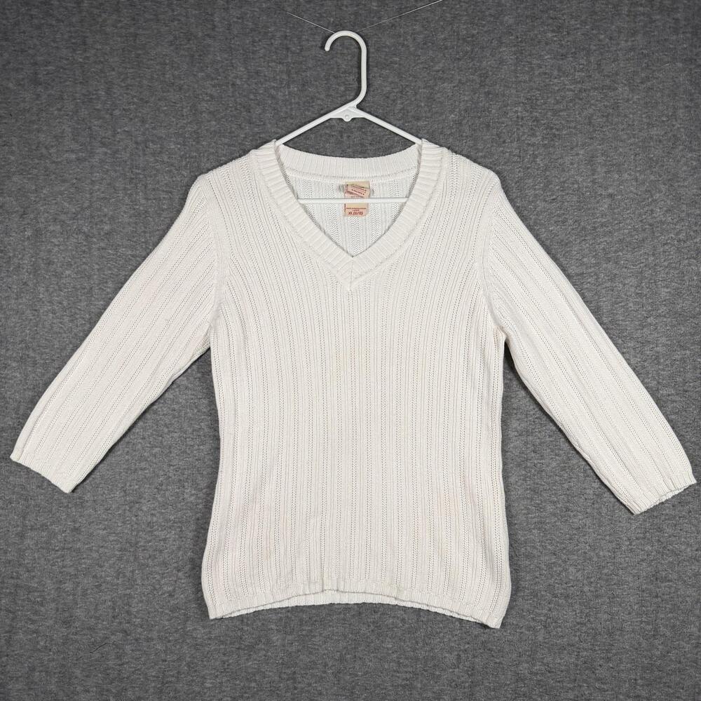 VTG Y2K Faded Glory Sweater Womens XL White Ribbed V Neck 3/4 Sleeve Knit